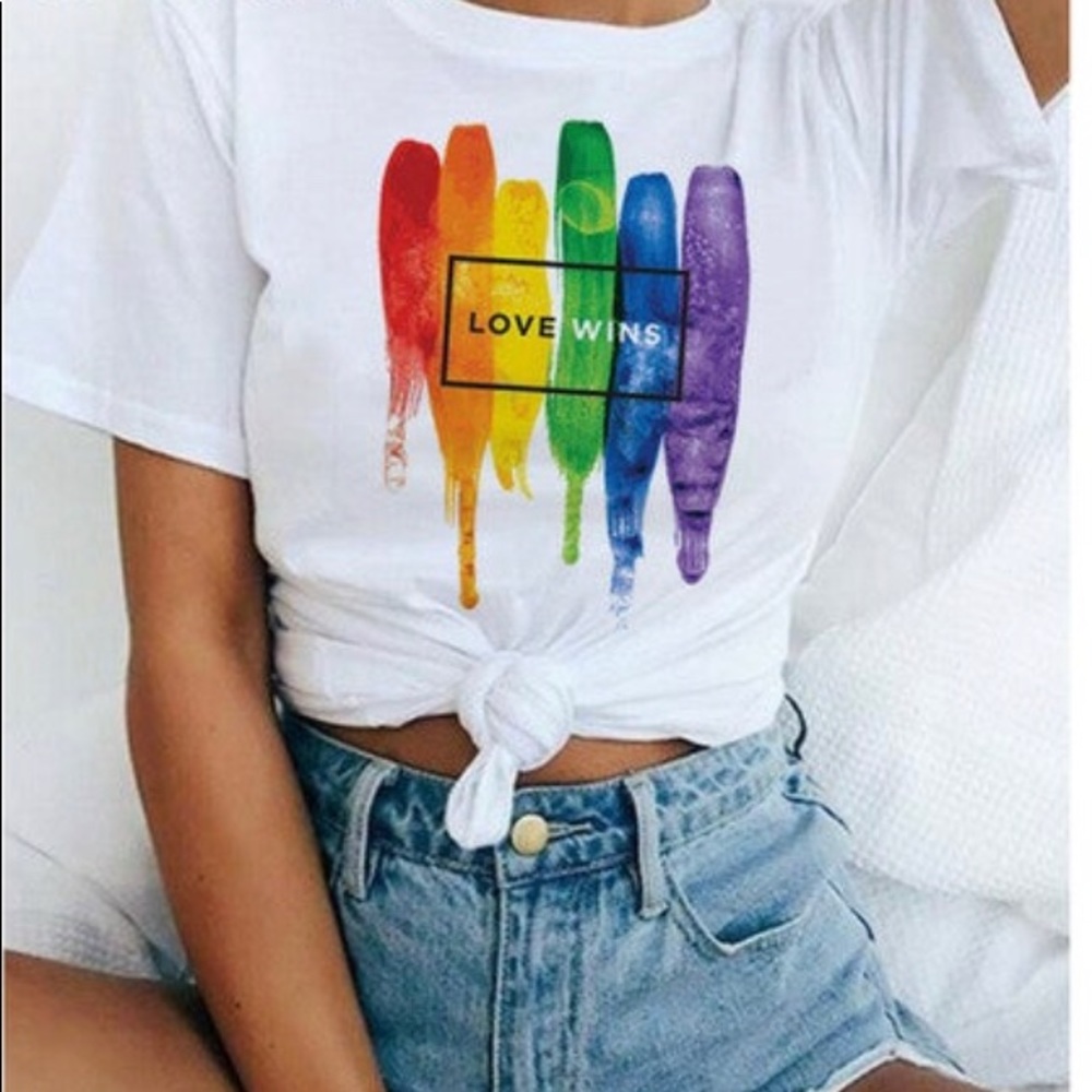 20% OFF BUNDLES! T shirt. White.  large “love wins”🌈
